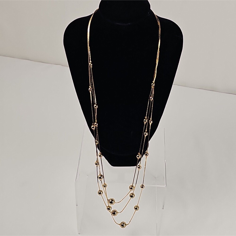Vintage Gold Tone Multi Strand Ball Station Snake Chain Necklace 28" Unsigned